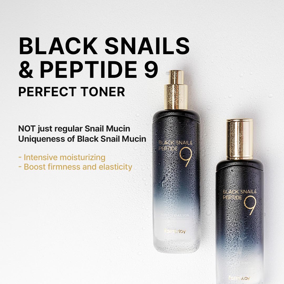 Farmstay Black Snail & Peptide 9 Toner close-up shows rich snail mucin texture.