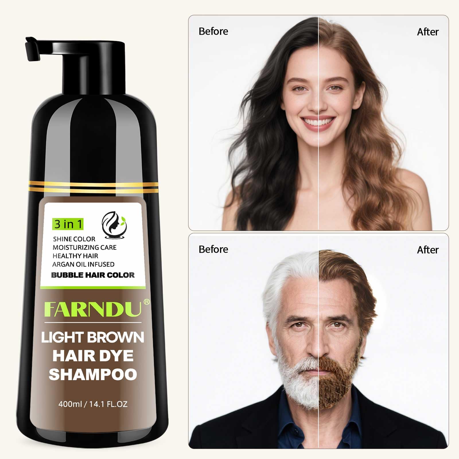 Farndu 3-in-1 hair color shampoo application for convenient at-home use.
