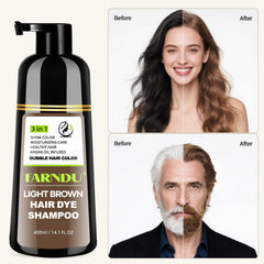 Farndu 3-in-1 hair color shampoo application for convenient at-home use.