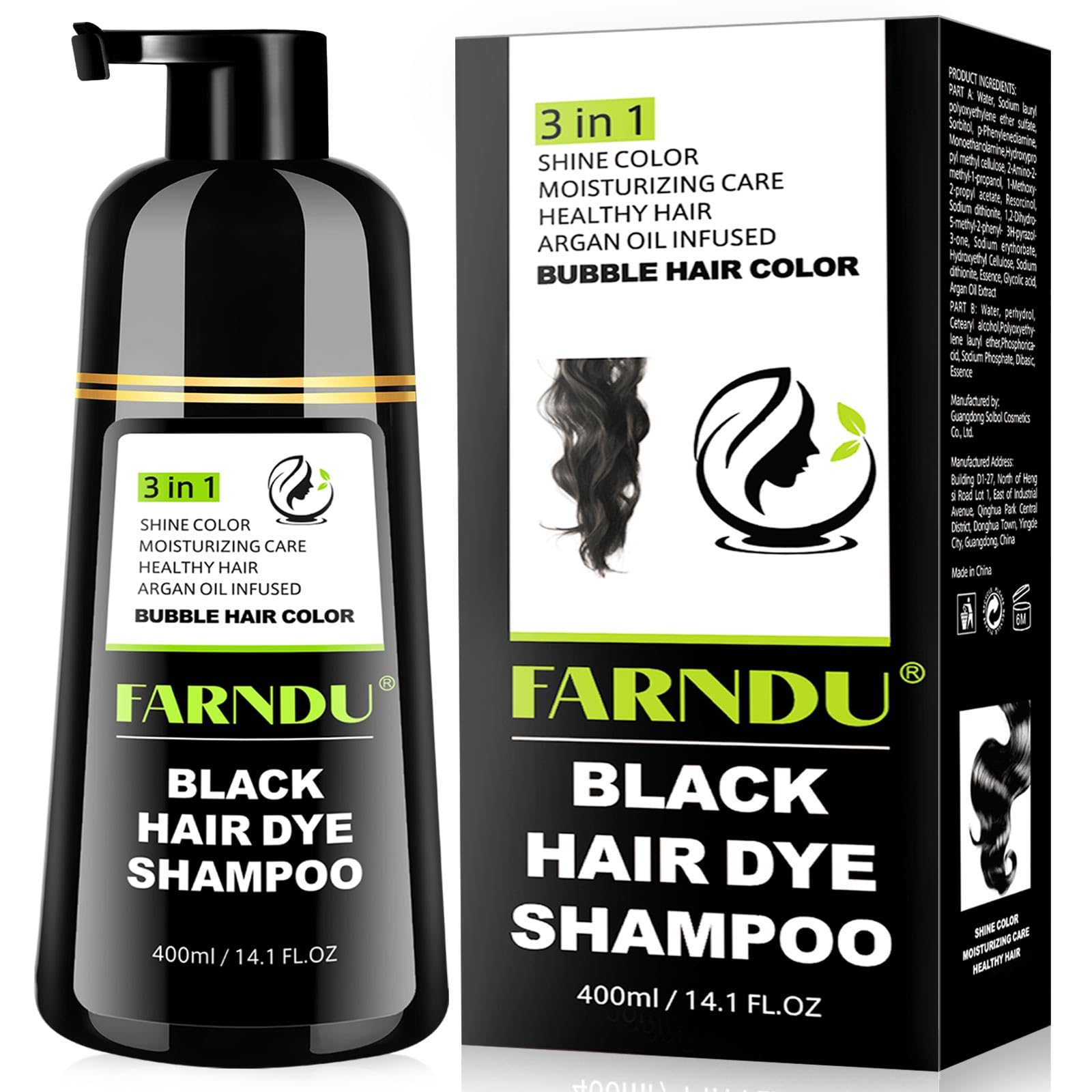 Farndu Black Hair Dye Shampoo bottle for easy application and gray coverage.