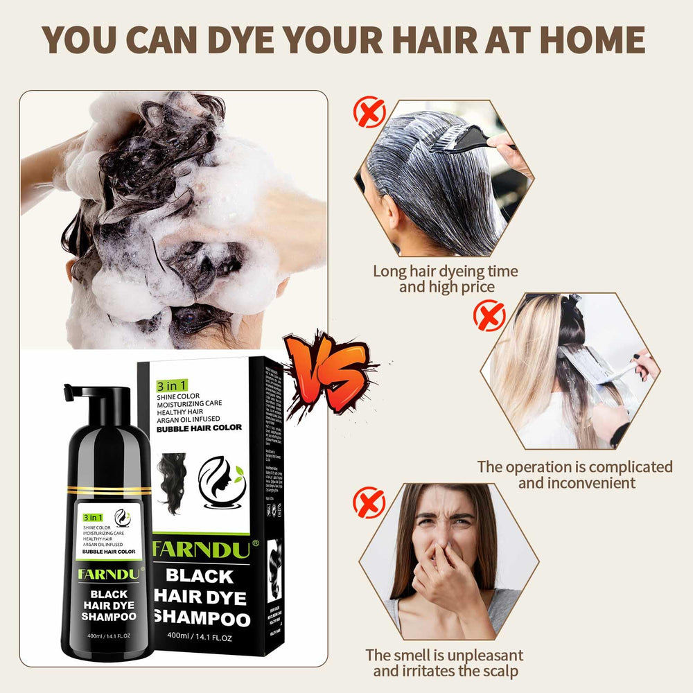 Farndu Black Hair Dye Shampoo gray coverage result on hair.