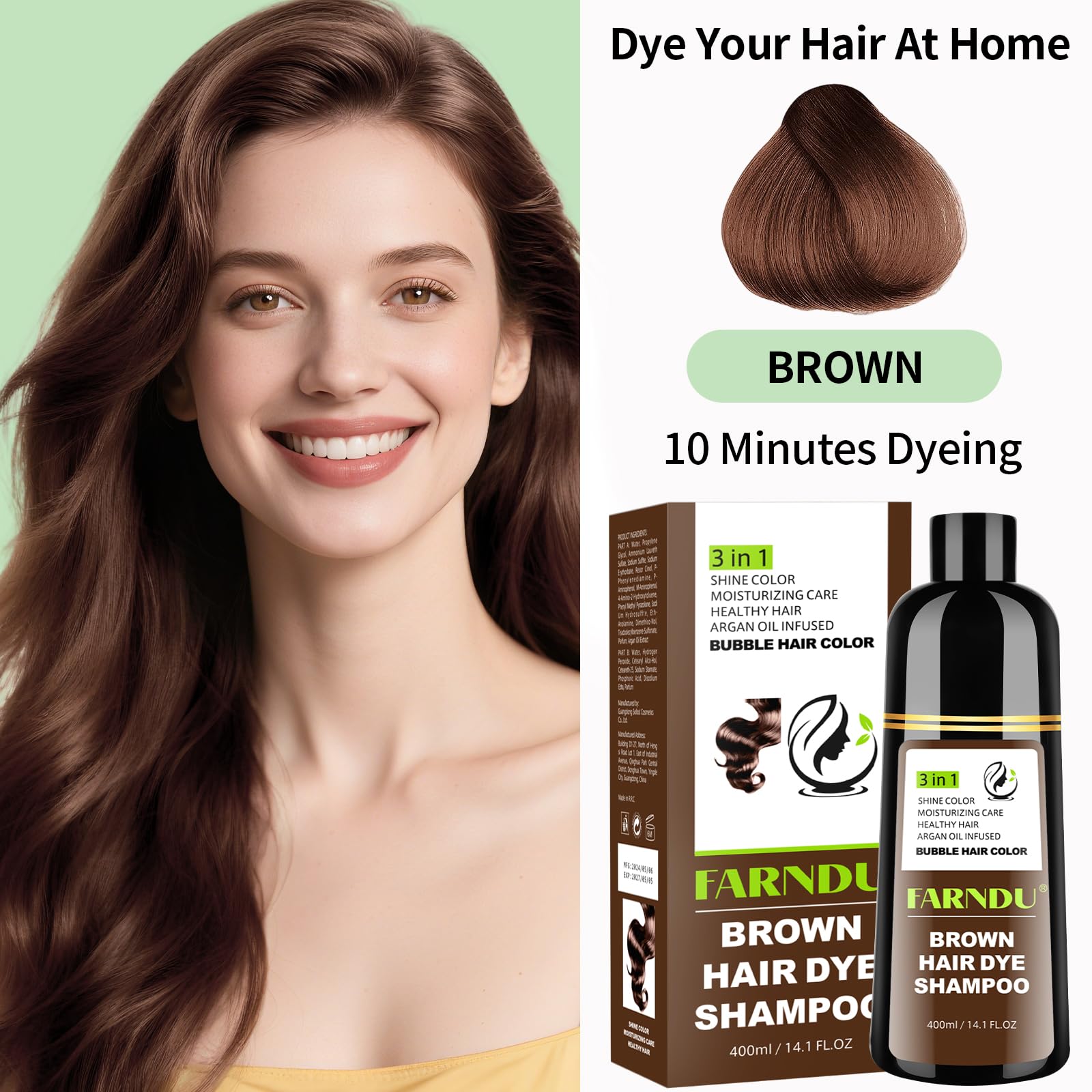 Farndu Brown Hair Dye Shampoo applied to dry hair for even coverage.