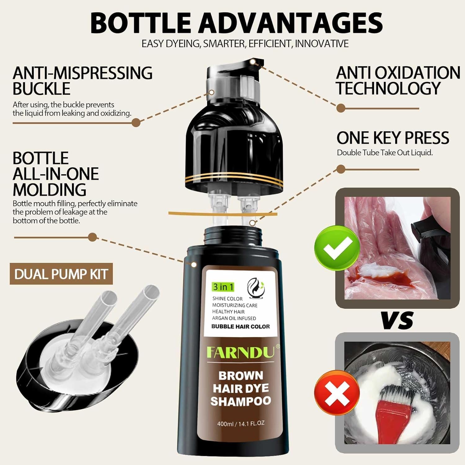 Farndu Brown Hair Dye Shampoo bottle closeup signals ammonia- and paraben-free promise.