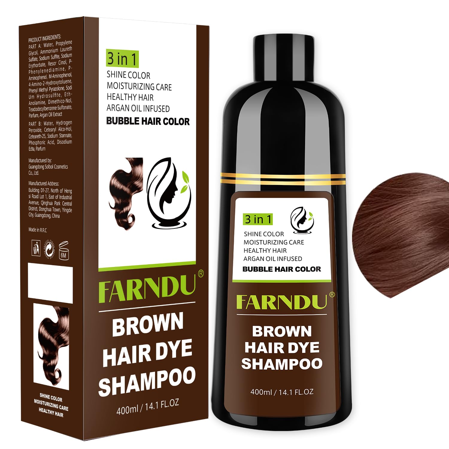 Farndu Brown Hair Dye Shampoo bottle with pump for quick at-home color.