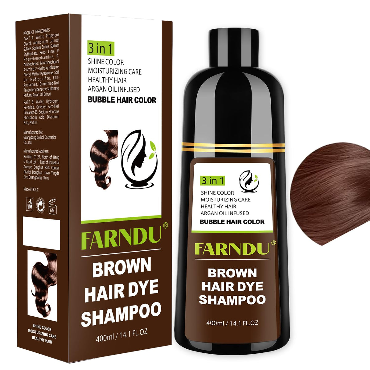 Farndu Brown Hair Dye Shampoo bottle with pump for quick at-home color.