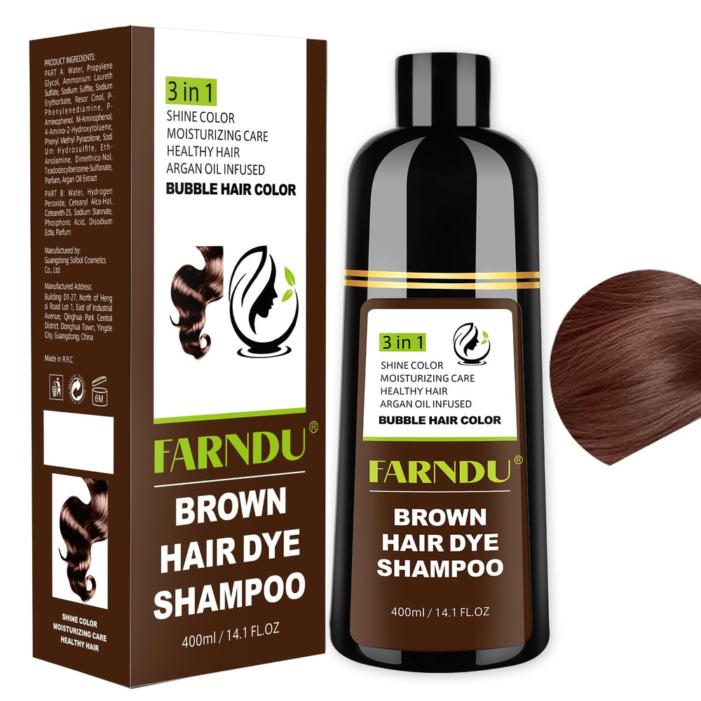 Farndu brown hair dye shampoo bottle with pump for easy, mess-free color application