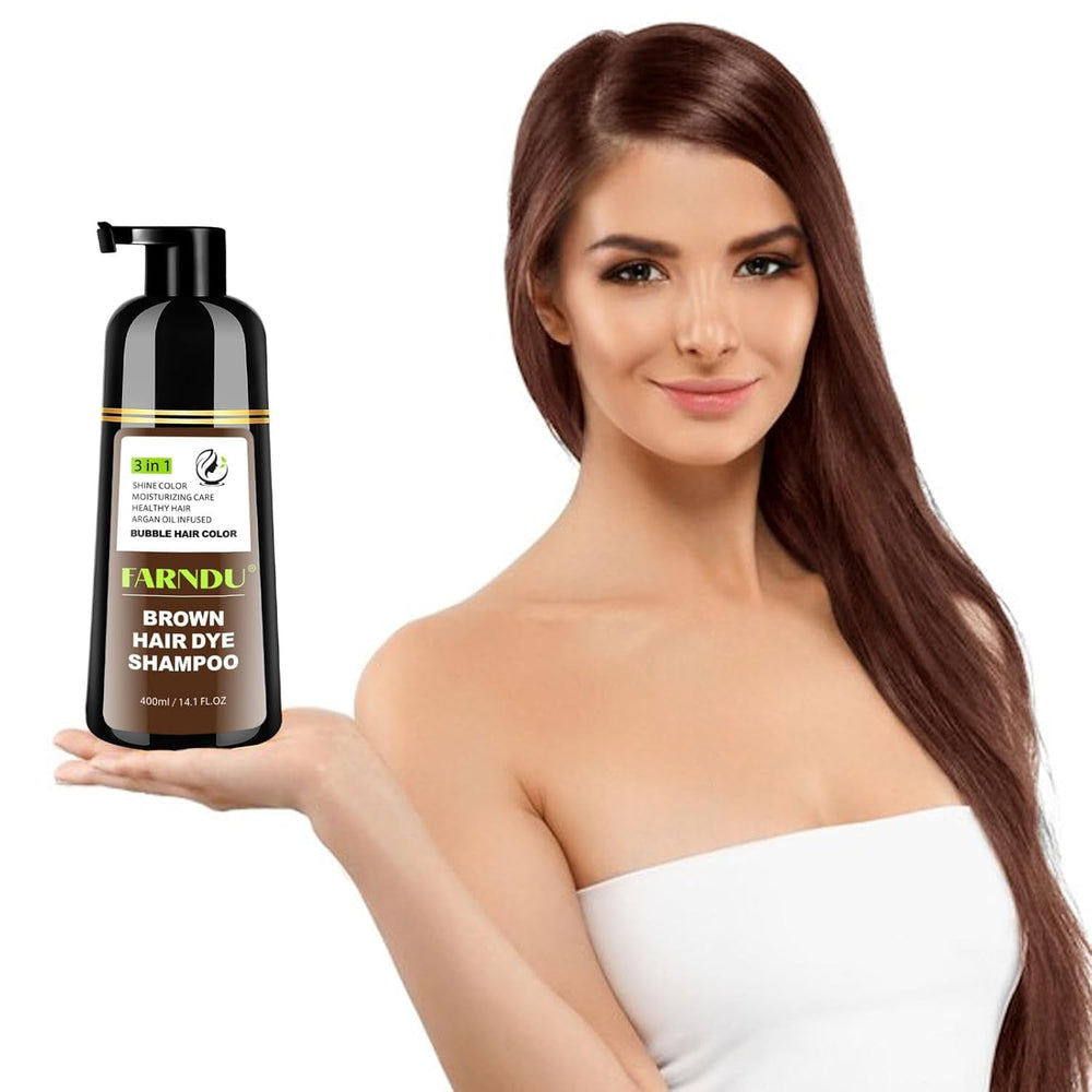 Farndu Brown Hair Dye Shampoo final color closeup reveals natural shade.