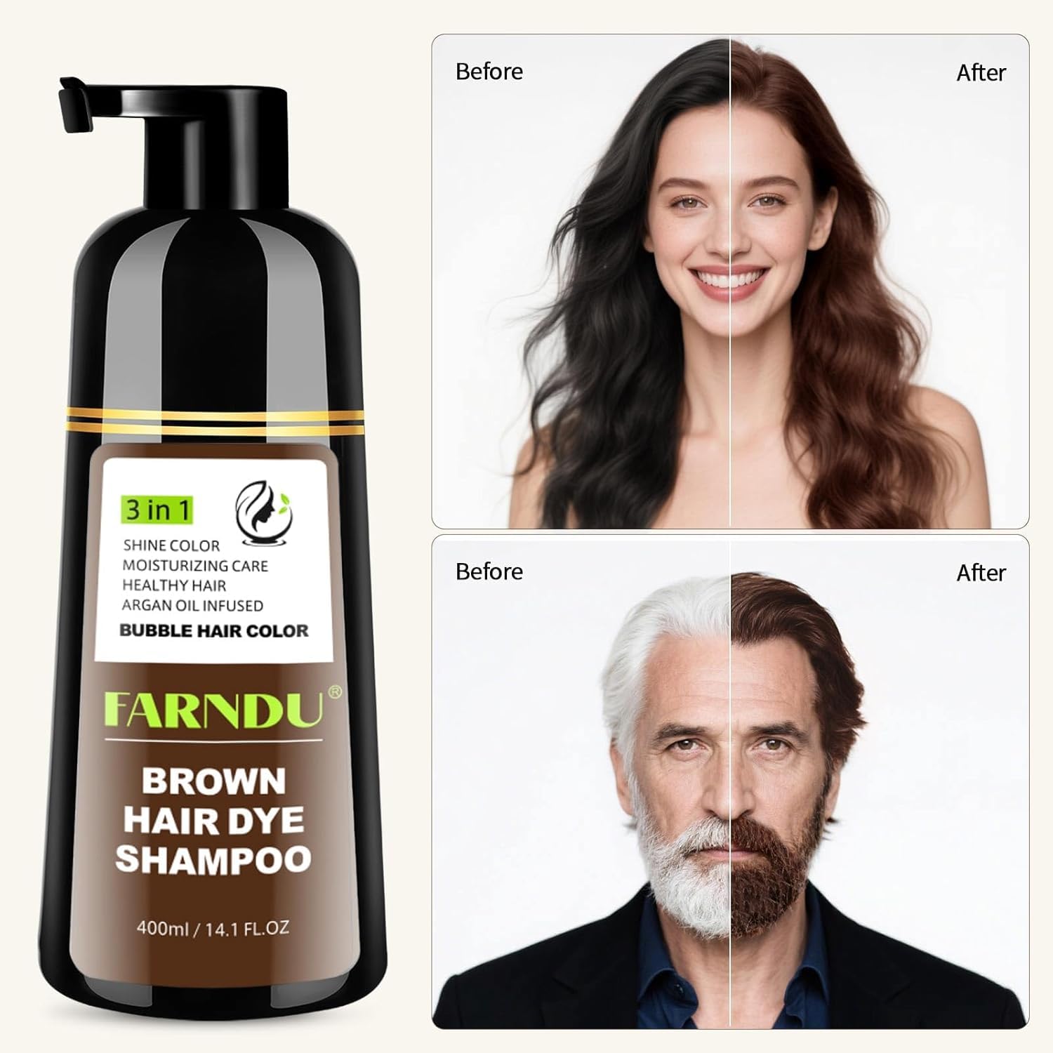 Farndu Brown Hair Dye Shampoo ingredients label highlights argan and olive oils for moisture.