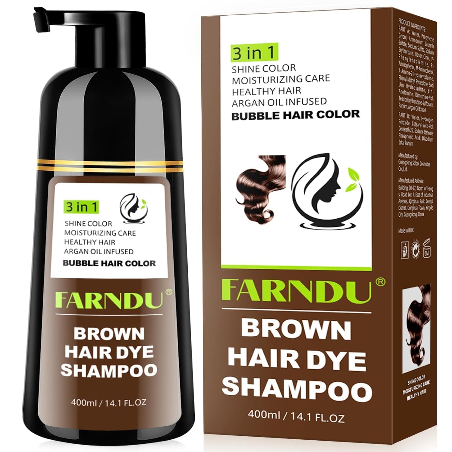 Farndu Brown Hair Dye Shampoo packaging emphasizes the 3-in-1 at-home color benefit.