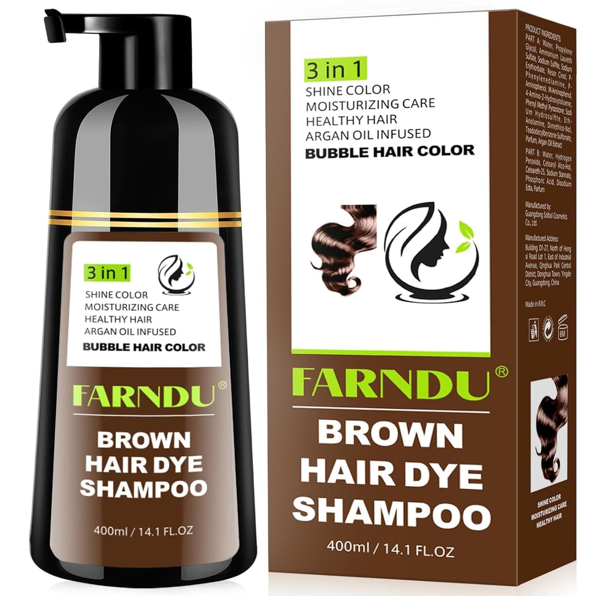 Farndu Brown Hair Dye Shampoo packaging emphasizes the 3-in-1 at-home color benefit.