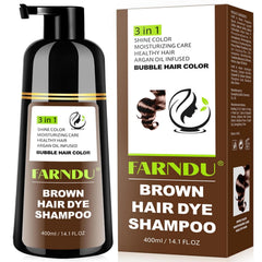 Farndu Brown Hair Dye Shampoo packaging emphasizes the 3-in-1 at-home color benefit.