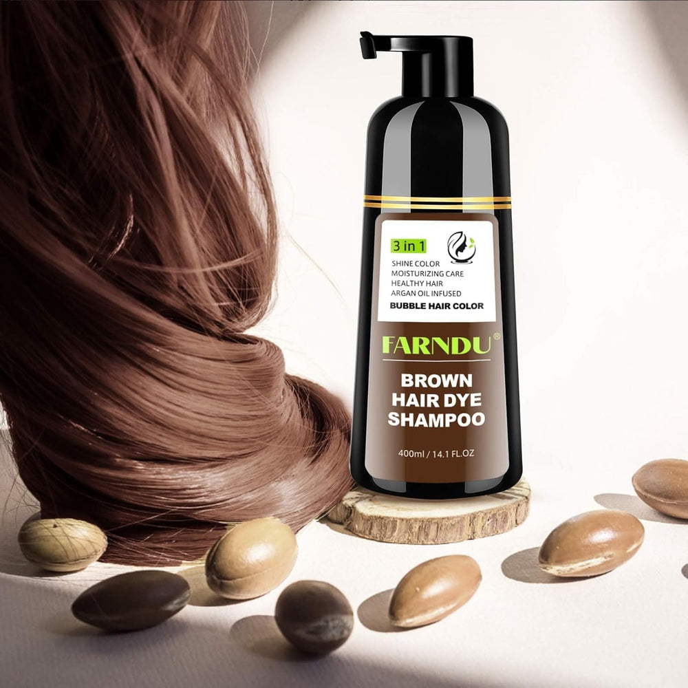 Farndu Brown Hair Dye Shampoo safe-for-sensitive-scalp label image highlights gentle formula.