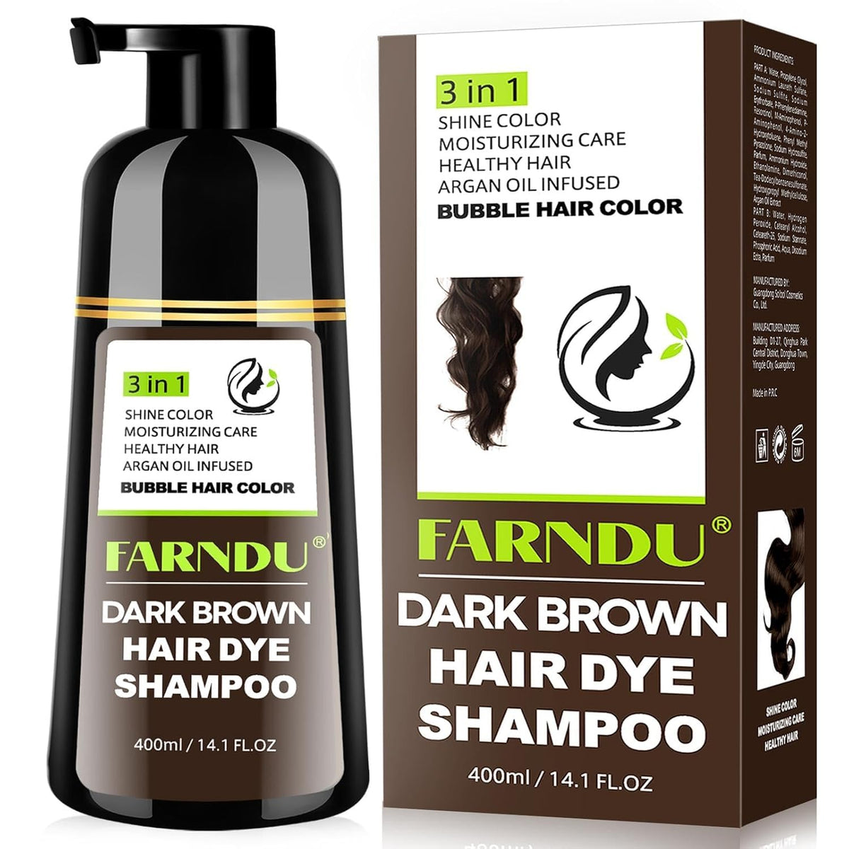 Farndu dark brown hair dye shampoo bottle highlights 3-in-1 color and gray coverage.