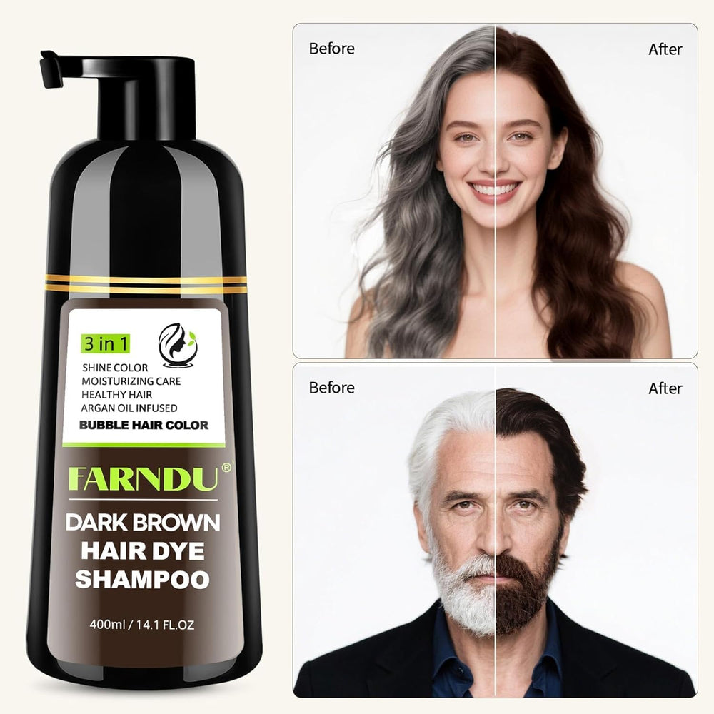 Farndu hair dye shampoo foamy texture conveys gentle cleansing with color infusion.