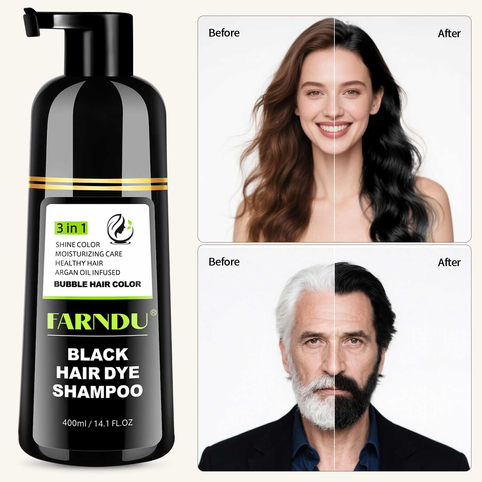 Farndu Black Hair Dye Shampoo plant-based formula with natural oils.