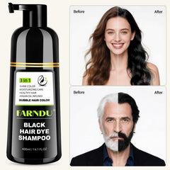 Farndu Black Hair Dye Shampoo plant-based formula with natural oils.
