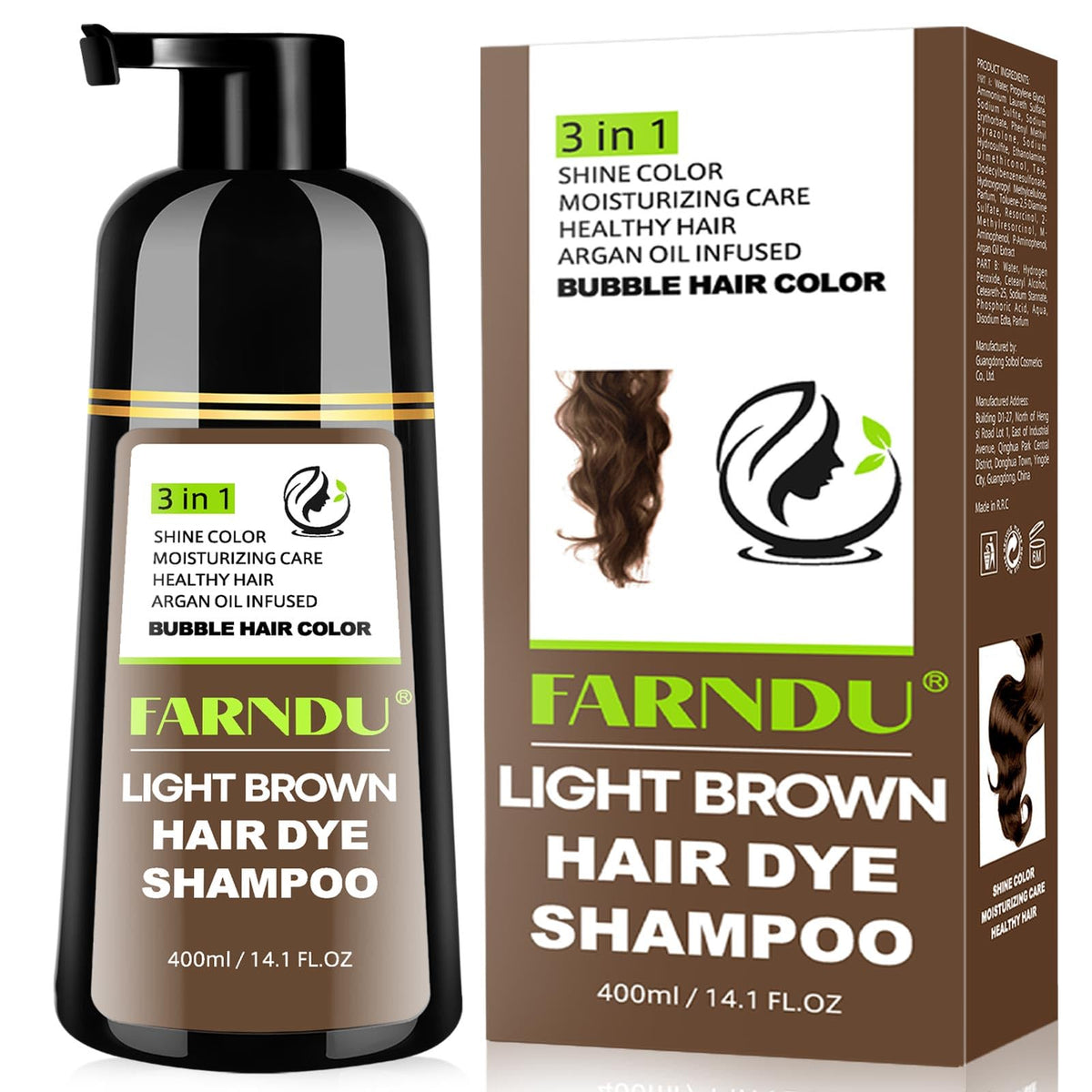 Farndu light brown hair dye shampoo bottle for easy at-home color.