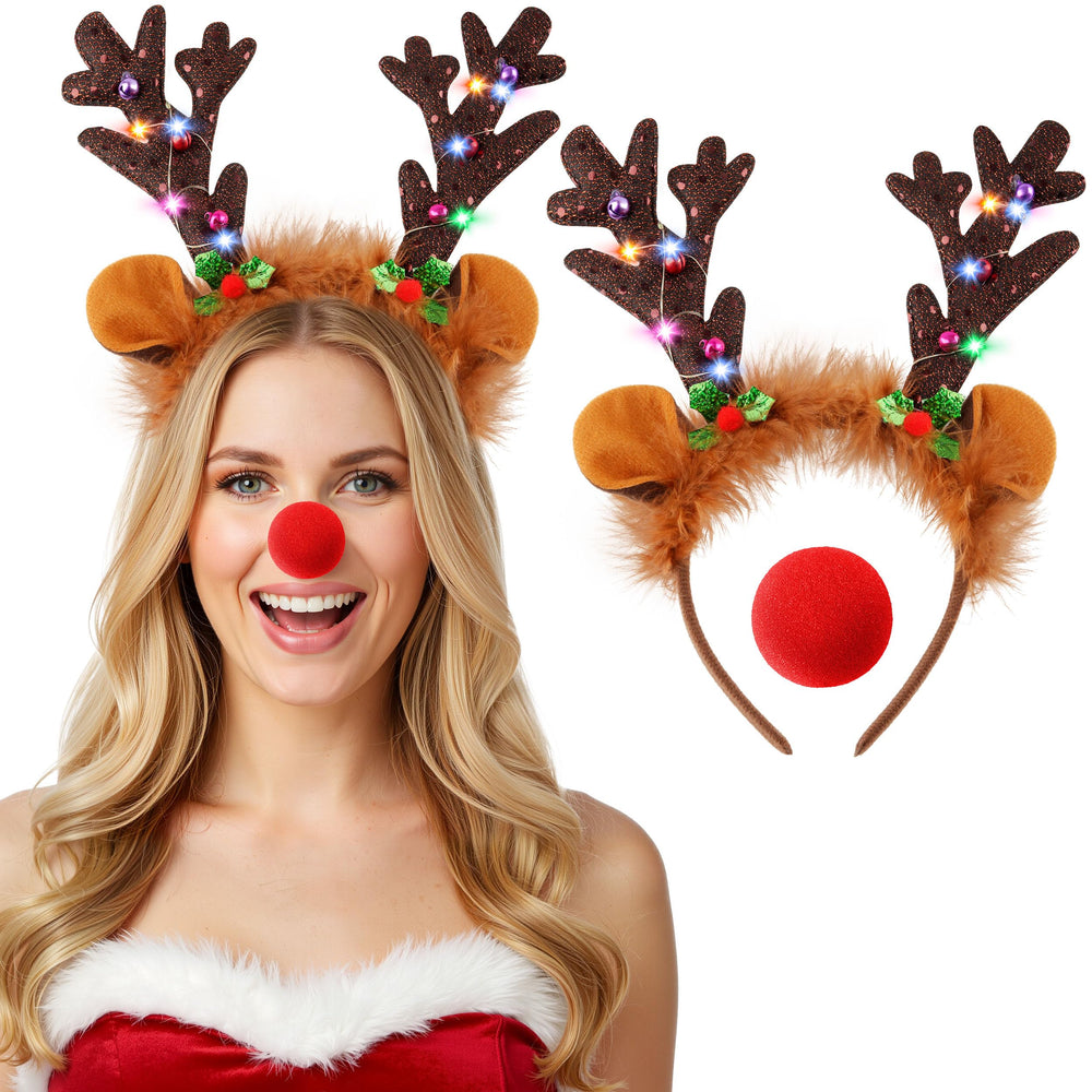 Farochy LED Reindeer Antlers Headband lights up for nighttime parties and festive photos