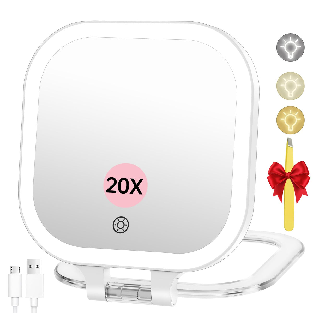 FASCINATE travel mirror with 20x magnification for precise makeup detail.