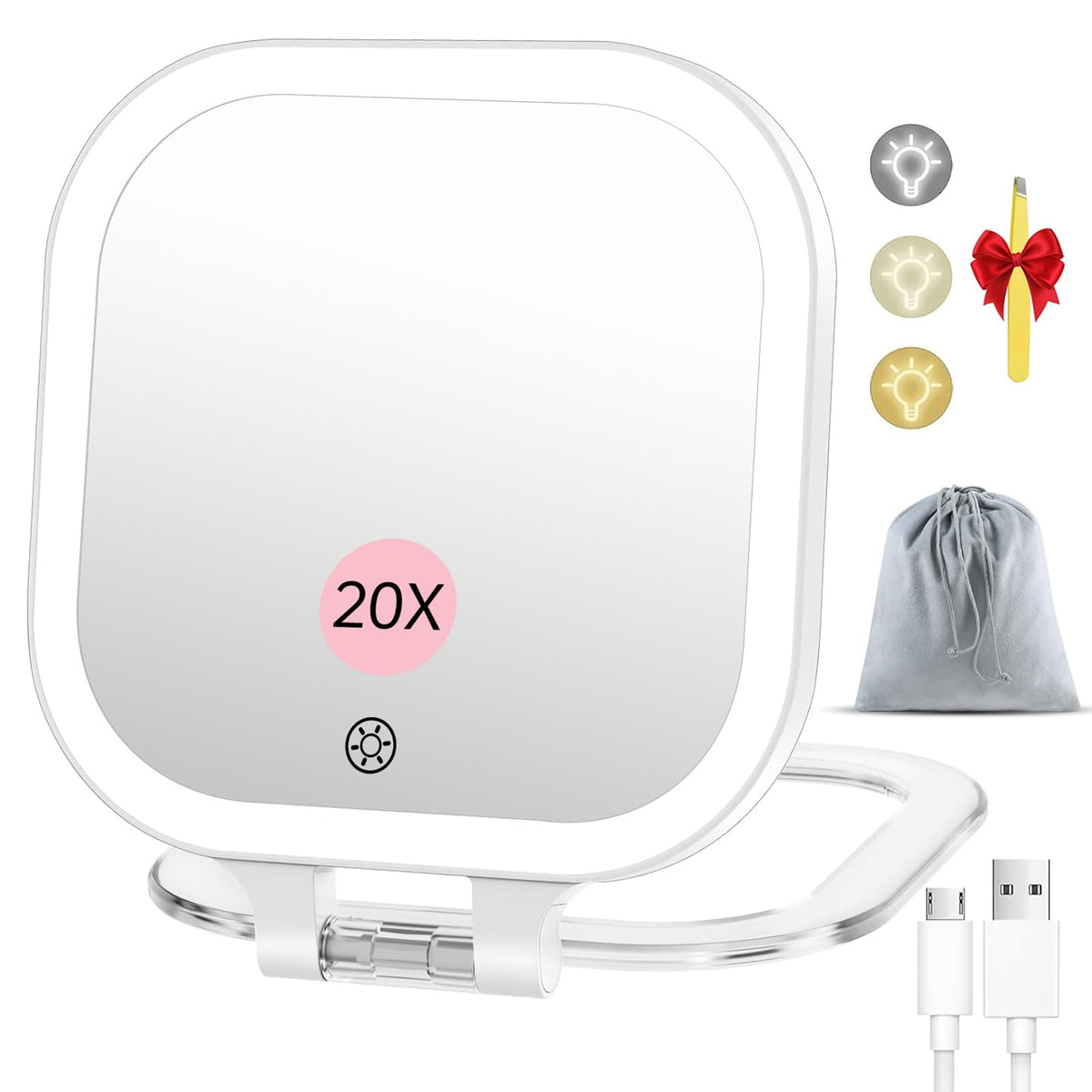 FASCINATE 20X travel mirror front view for on-the-go makeup lighting