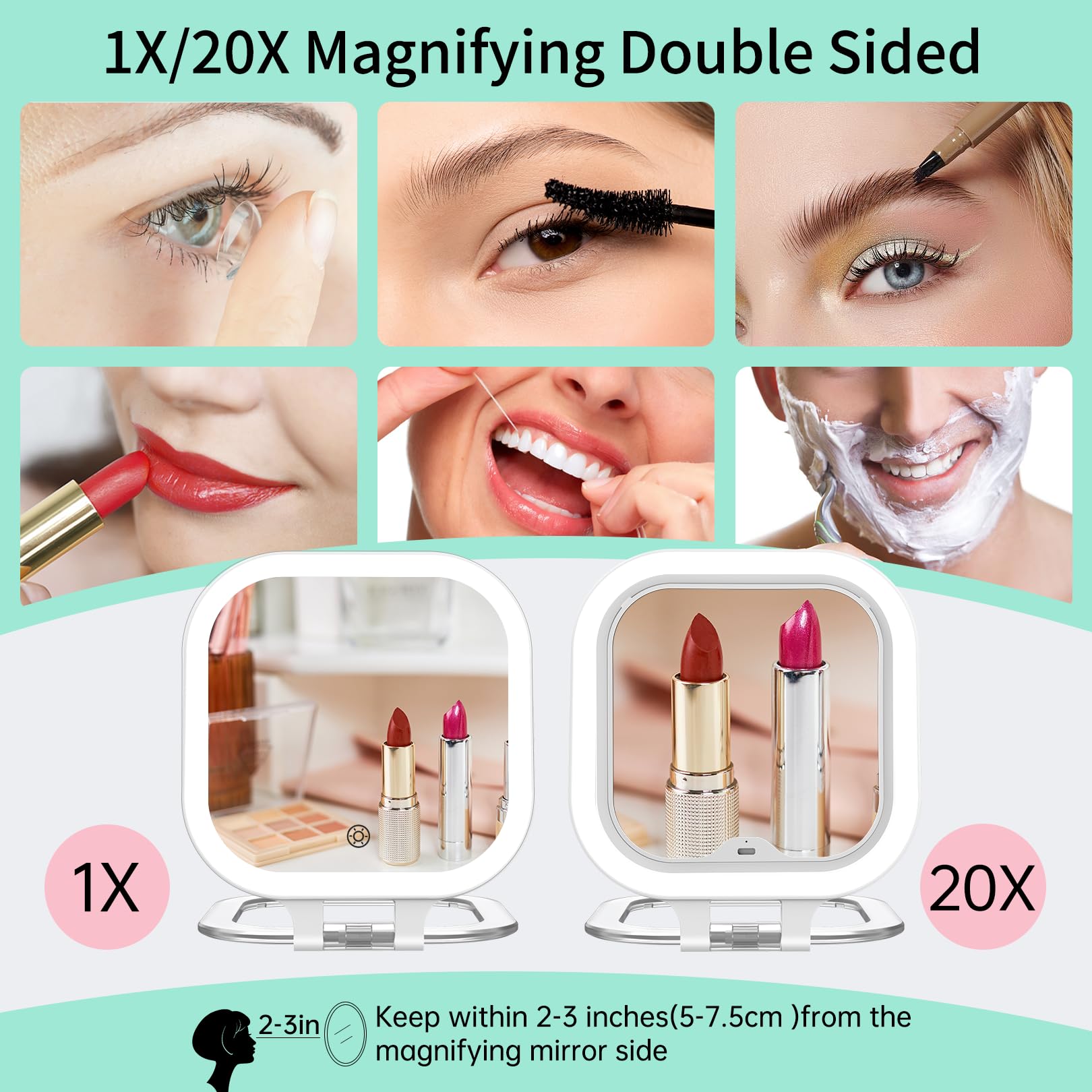 FASCINATE mirror showing three color light modes for day to night makeup.