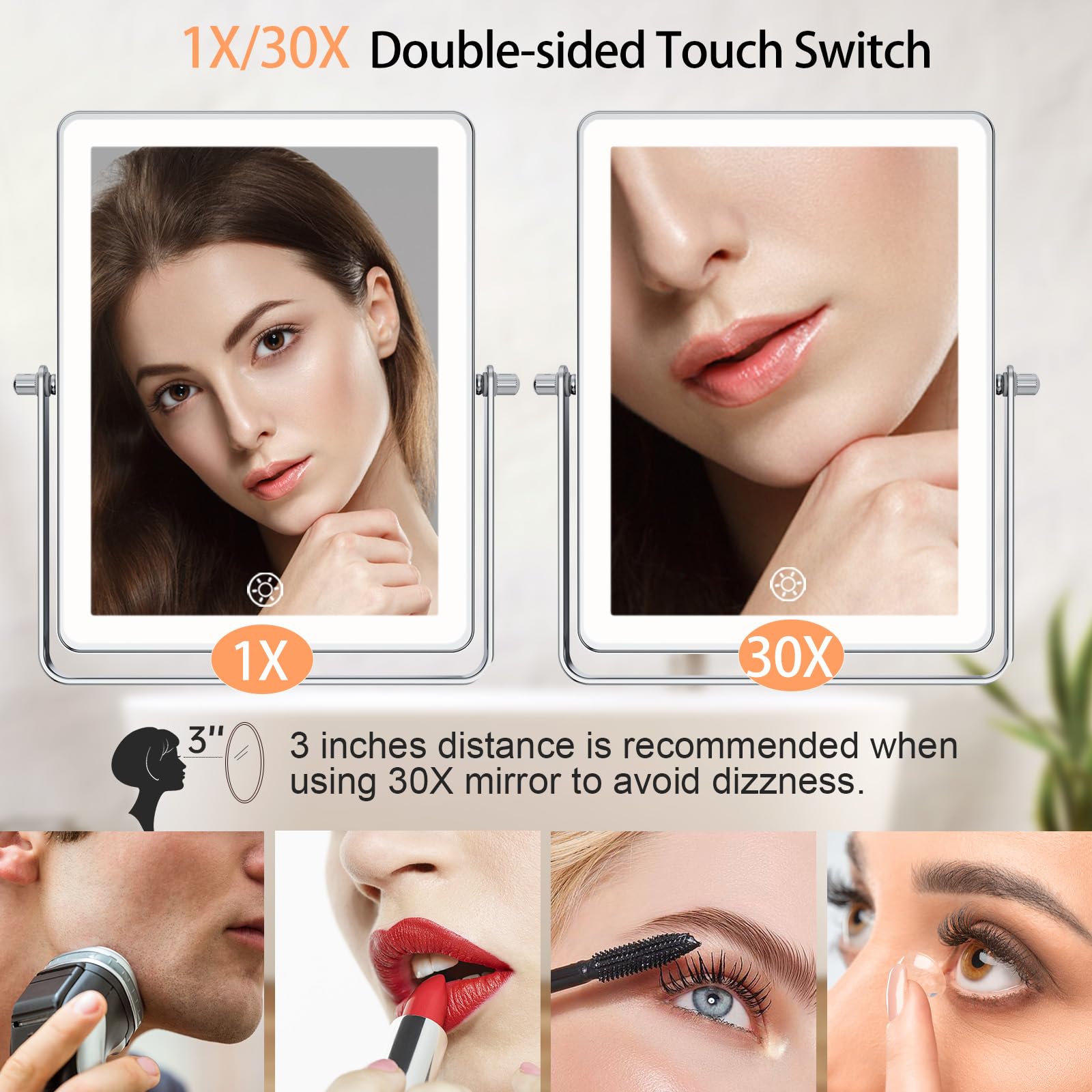 FASCINATE 5000mAh mirror shows three lighting options for true-tone makeup.