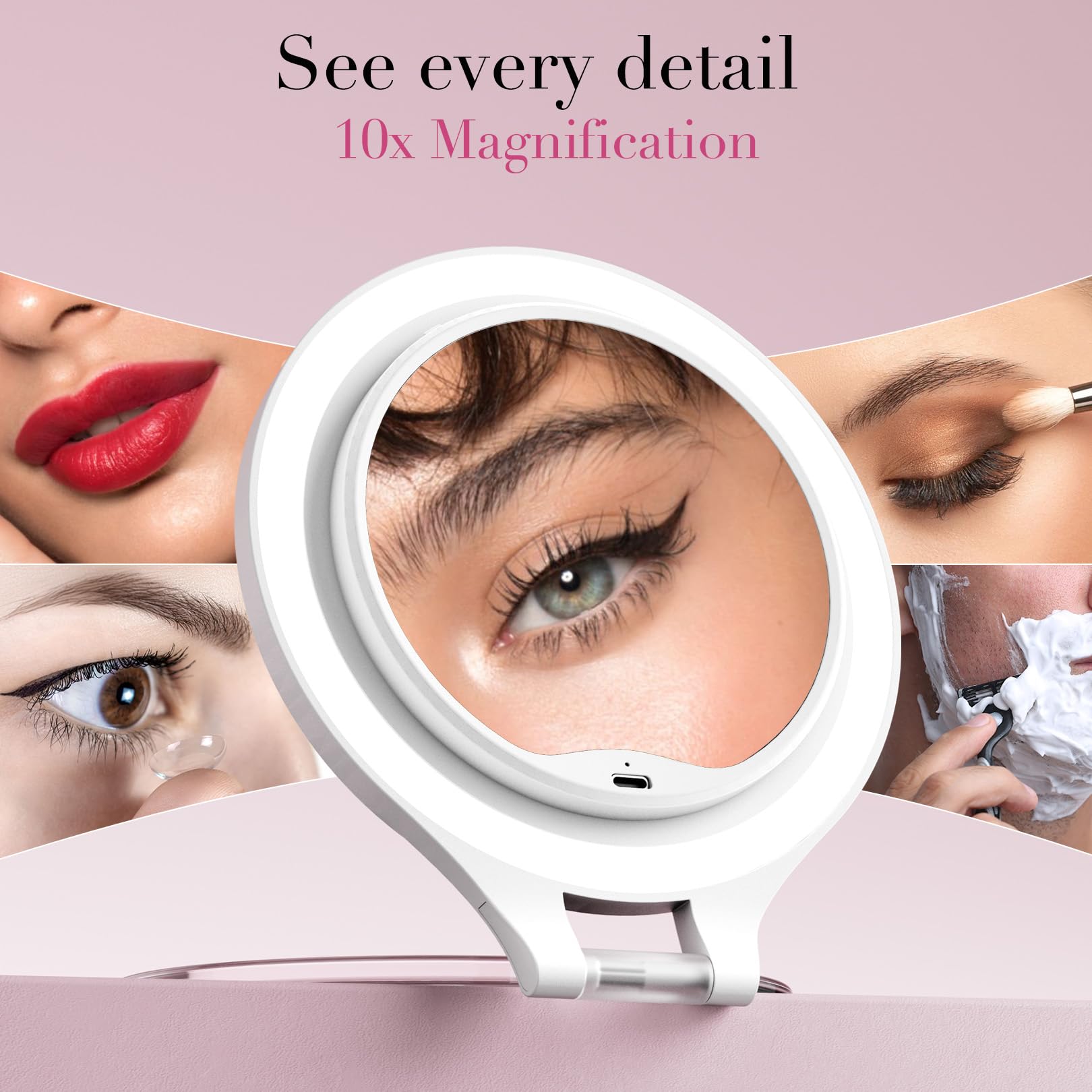 FASCINATE adjustable-stand mirror showing 320° rotation for versatile viewing