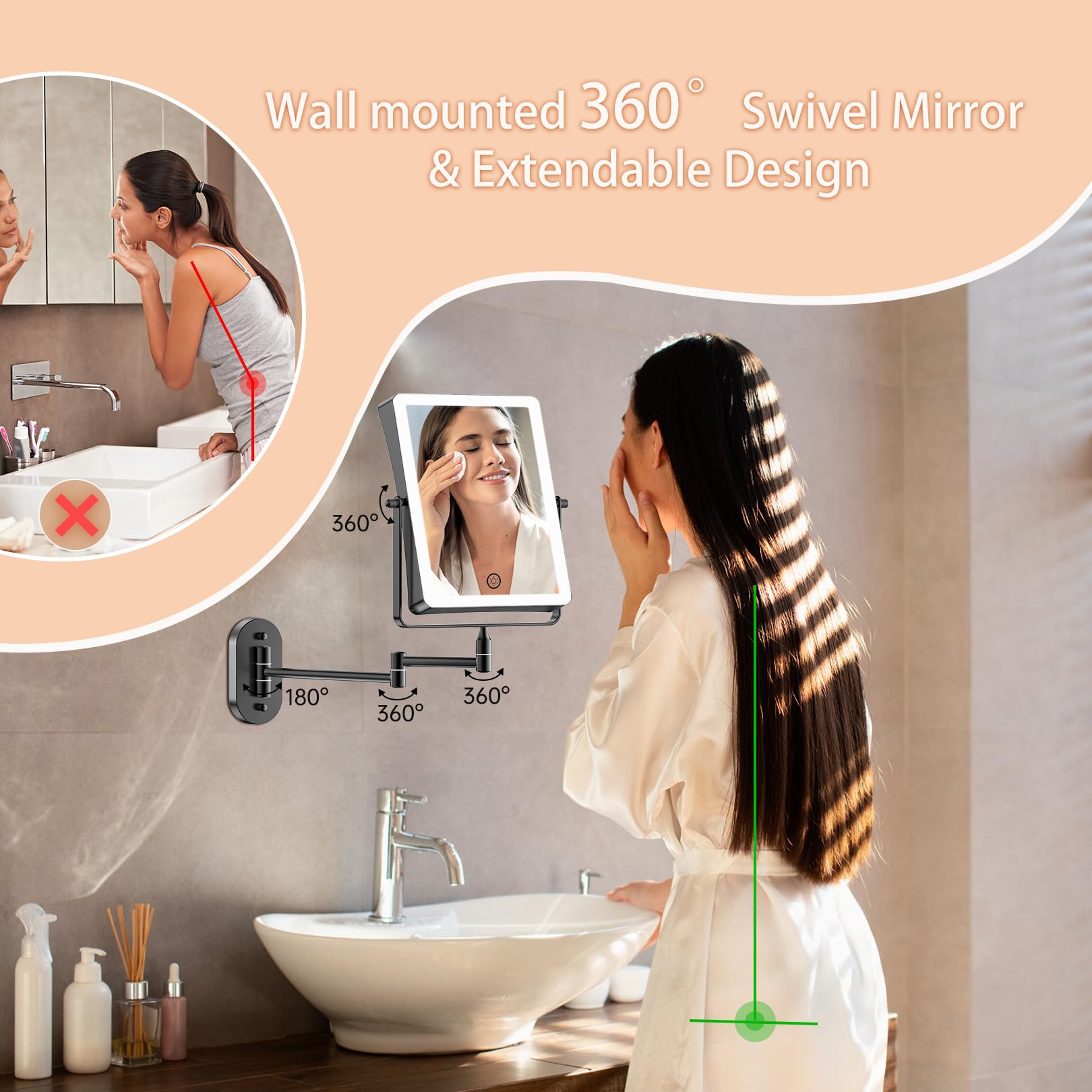 FASCINATE foldable wall mount saves counter space when not in use.