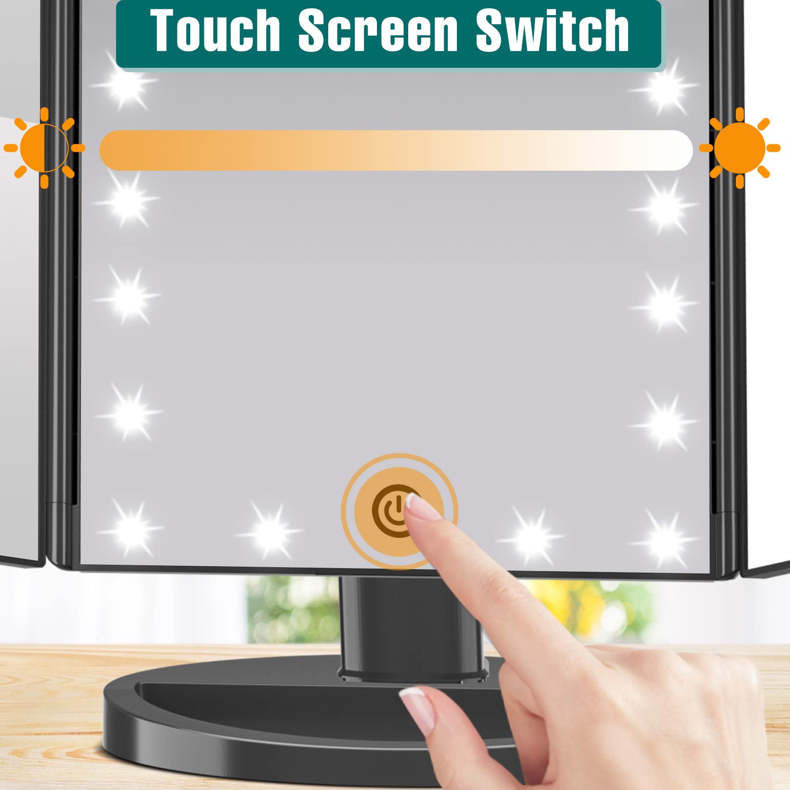 FASCINATE mirror with 2x magnification aids accurate eyeshadow placement and lash work.