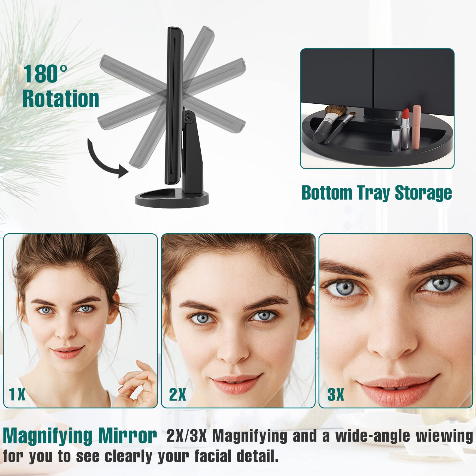 FASCINATE mirror shows 3x magnification for precise brow shaping and detail work.