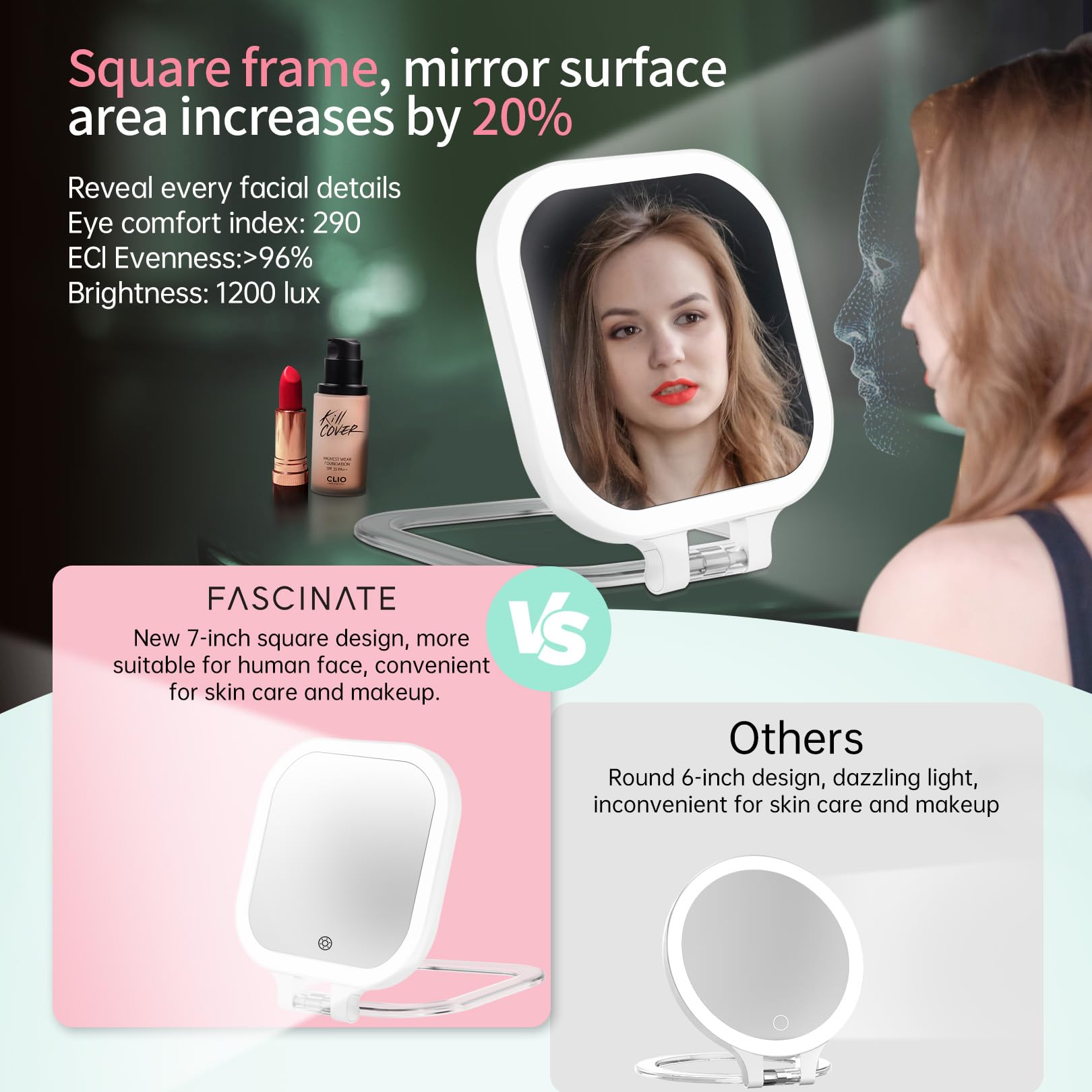 FASCINATE lighted travel makeup mirror turned on with even illumination.
