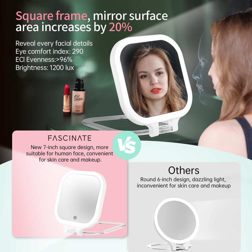 FASCINATE lighted travel makeup mirror turned on with even illumination.
