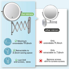 FASCINATE wall mirror lit side-angle showing adjustable lighting for accurate grooming