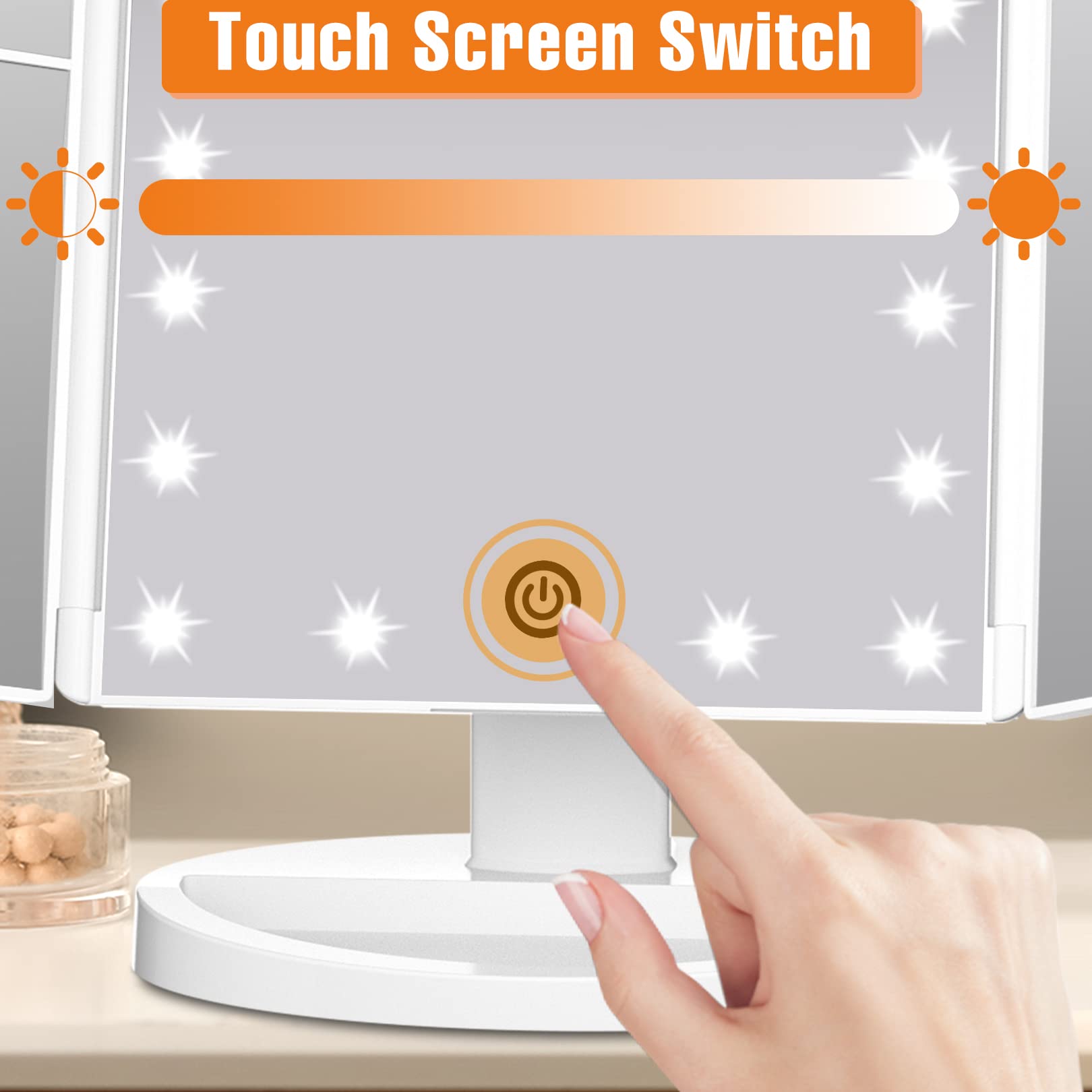FASCINATE vanity mirror with touch dimming for adjustable brightness intensity.