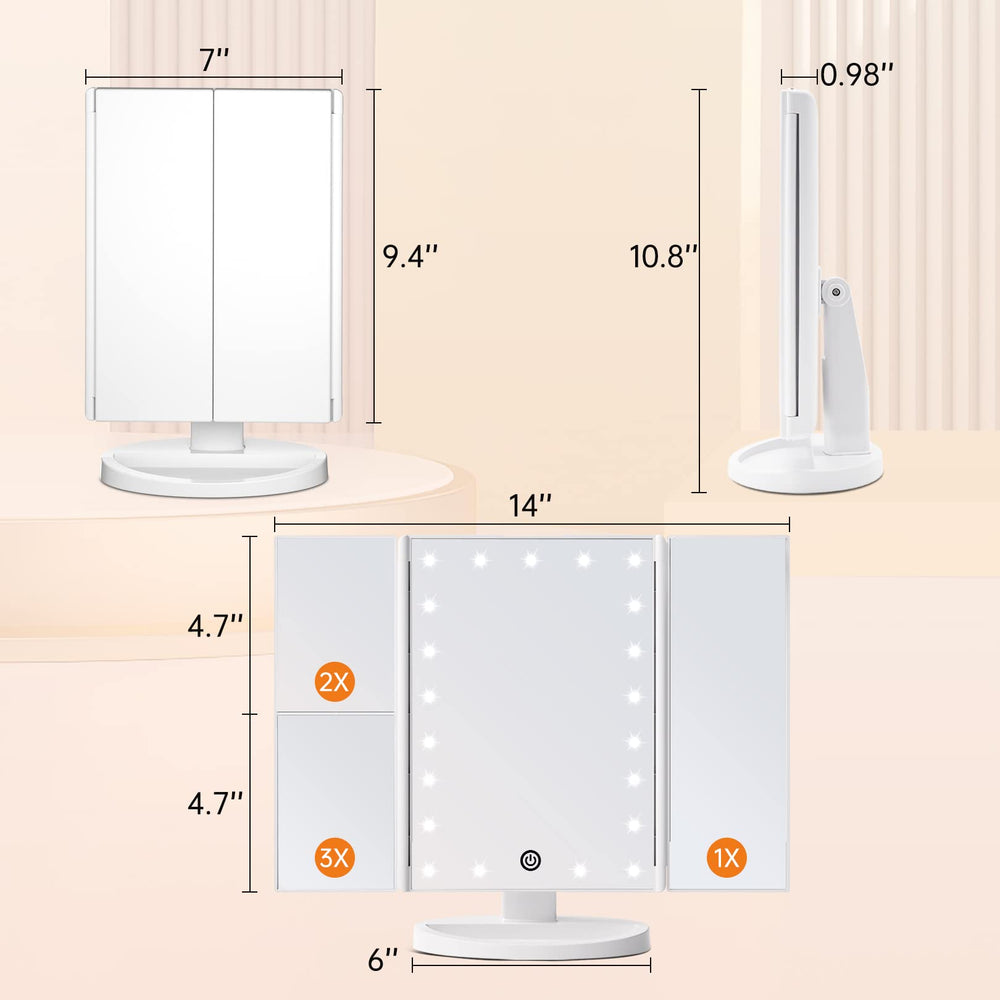 FASCINATE dual power vanity mirror supports USB power or AAA batteries for portability.