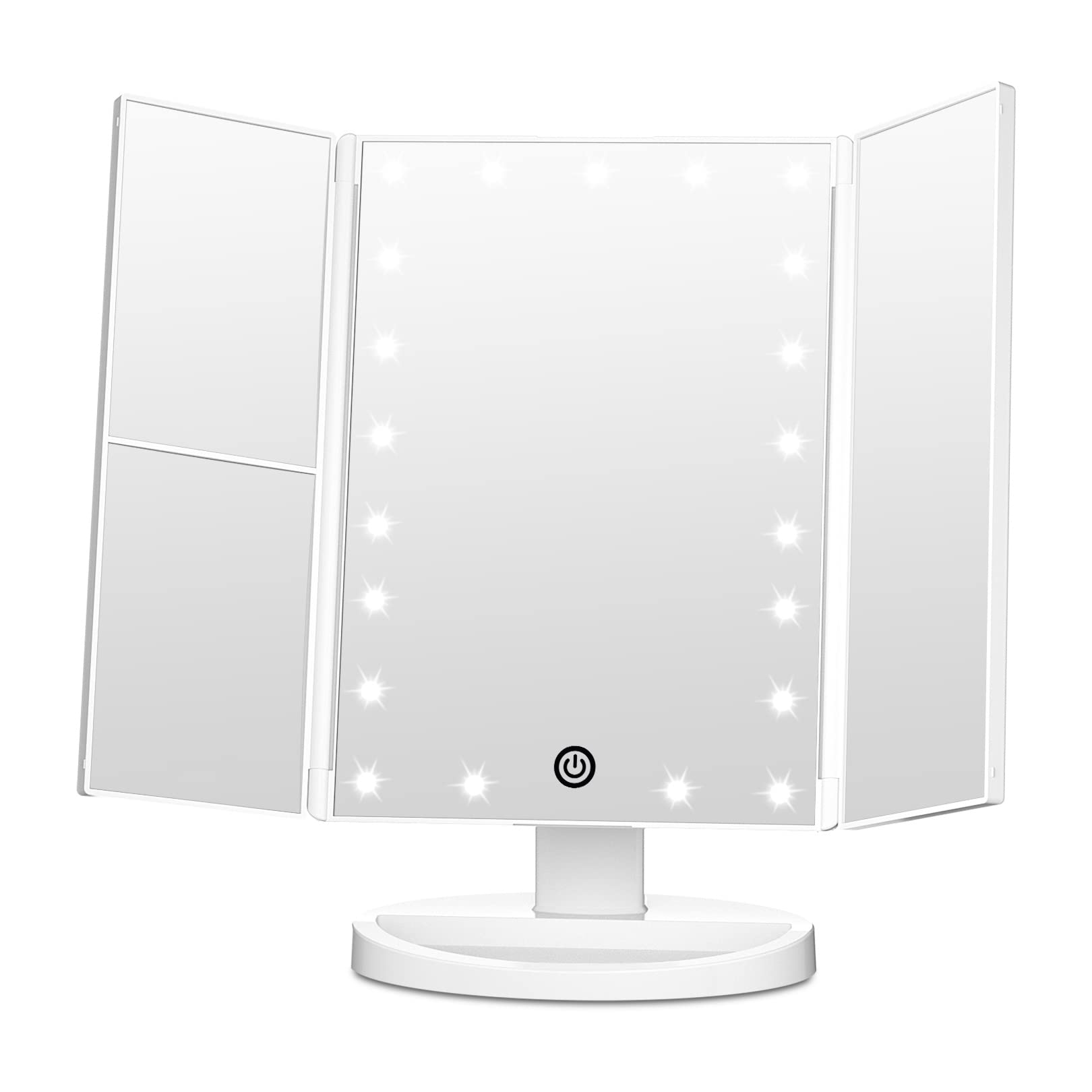 FASCINATE Trifold Mirror left panel 2x magnification for precise brow shaping and skincare prep.