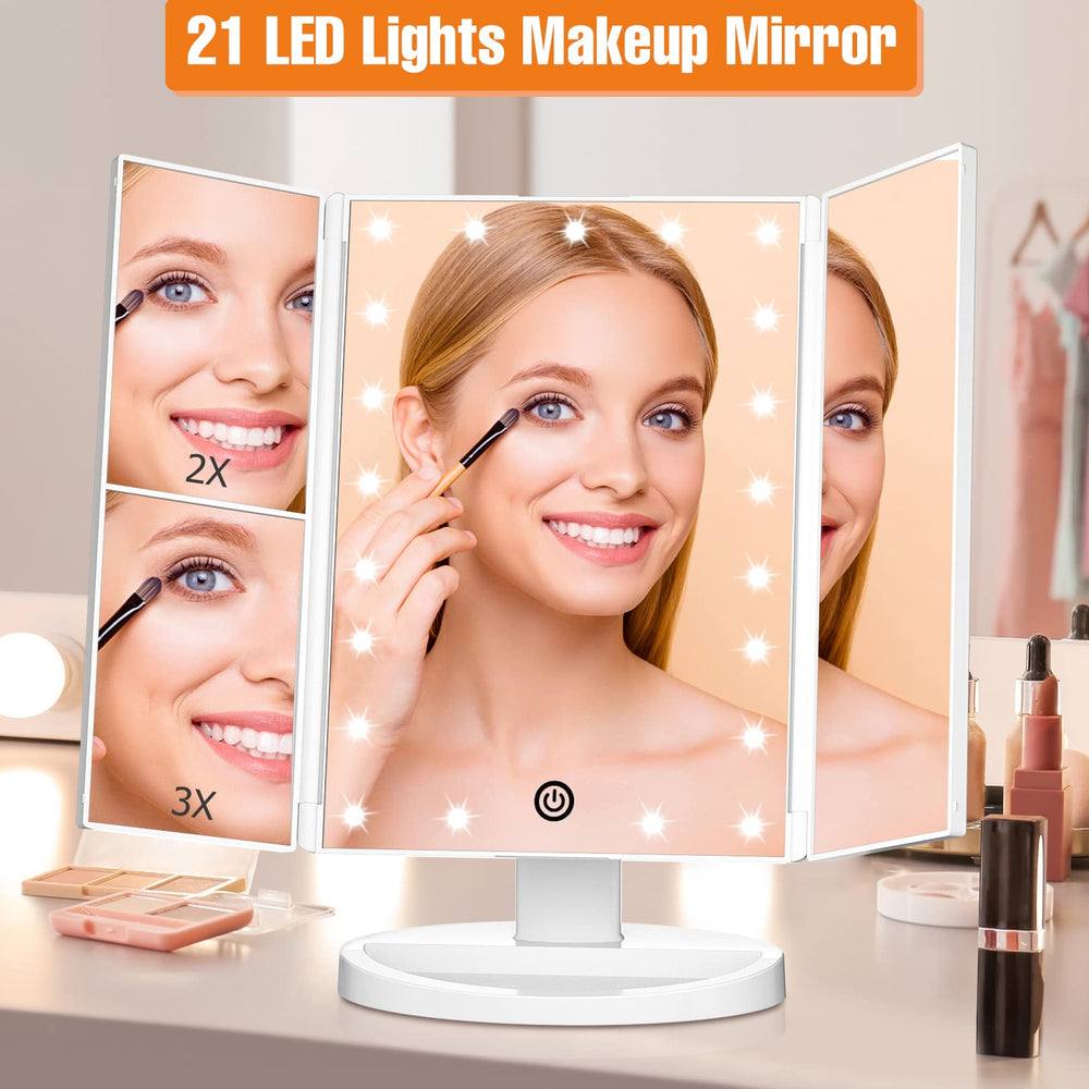 FASCINATE Trifold Mirror right panel 3x magnification for close-up makeup details.