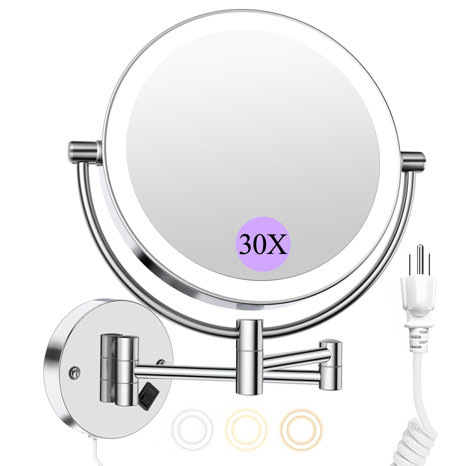 FASCINATE wall-mounted mirror 30x magnification for precise makeup application.