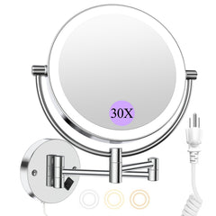 FASCINATE wall-mounted mirror 30x magnification for precise makeup application.