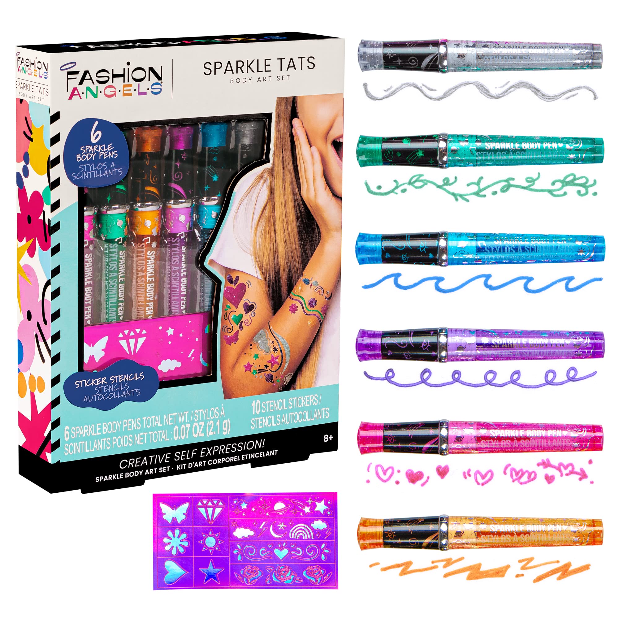 Fashion Angels Sparkle Tats set box with colorful pens and stickers for kids creativity
