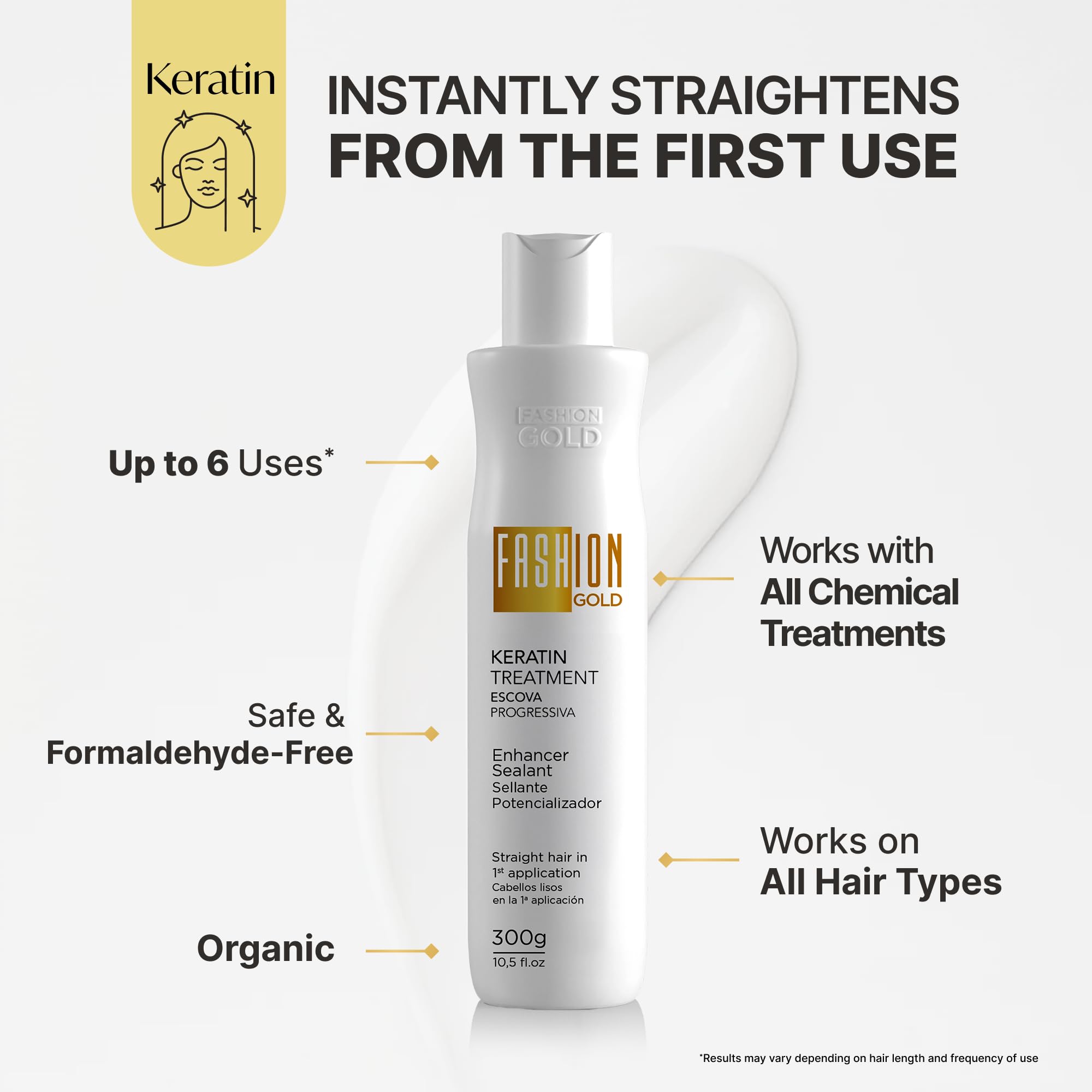 Fashion Gold bottle pour shows controlled application for salon-like results.