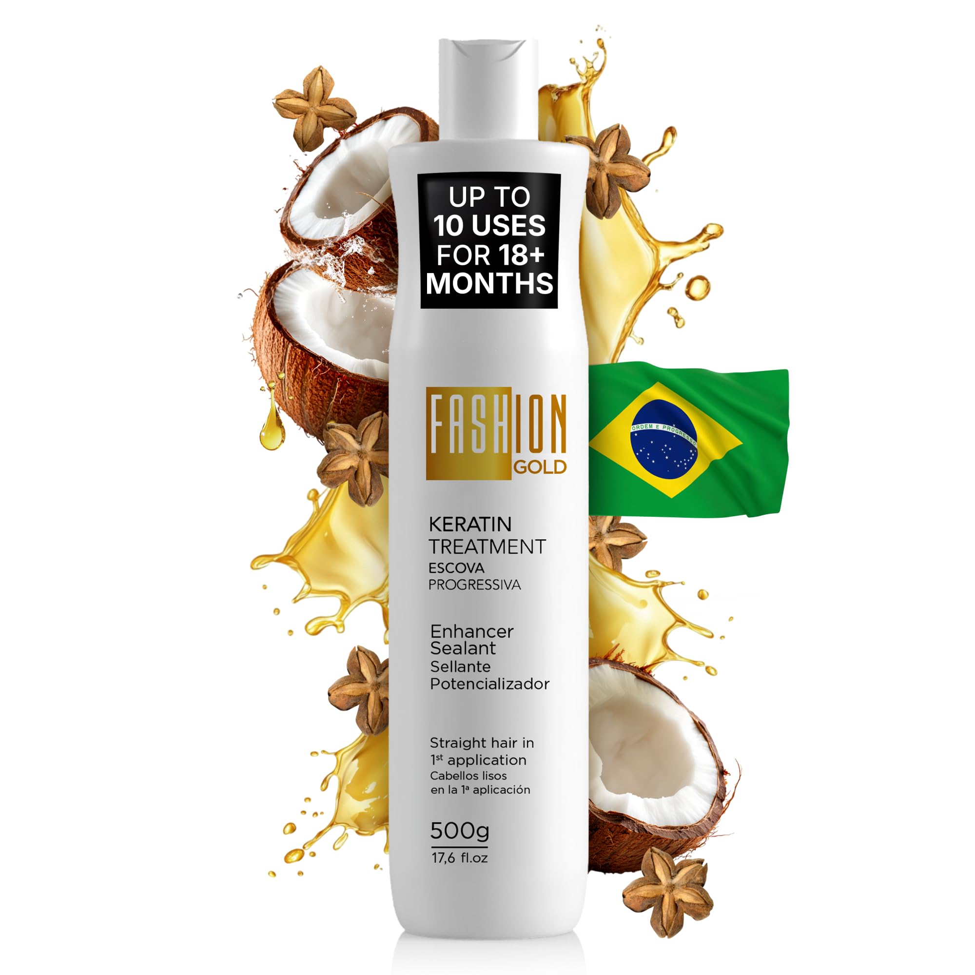 Fashion Gold keratin treatment bottle showing salon-grade formula for frizz control