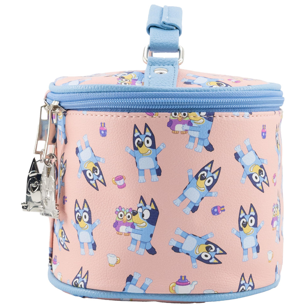 Fast Forward Bluey train case zipper detail highlights durability for travel days.