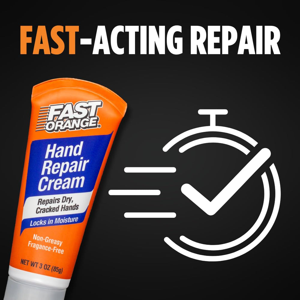 Hand applying Fast Orange Hand Repair Cream demonstrates quick-absorption.