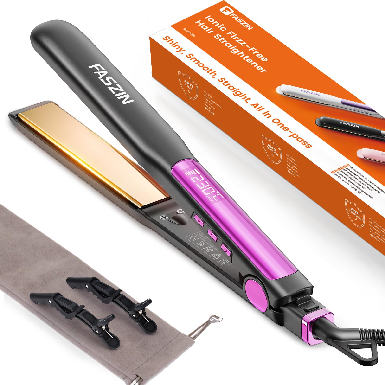 Faszin hair straightener with LED display shows real-time temperature for precise styling