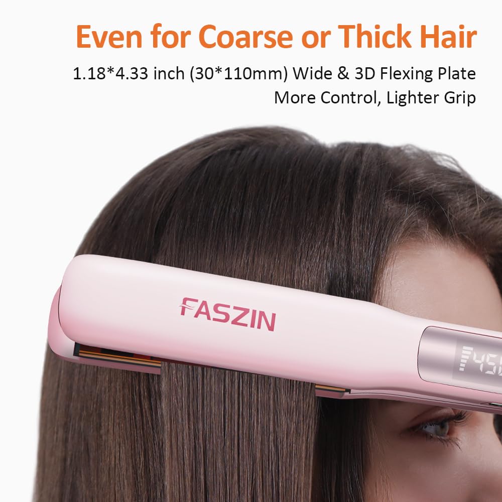 Faszin Pro Hair Straightener wide plate covers more hair in one pass for faster styling.