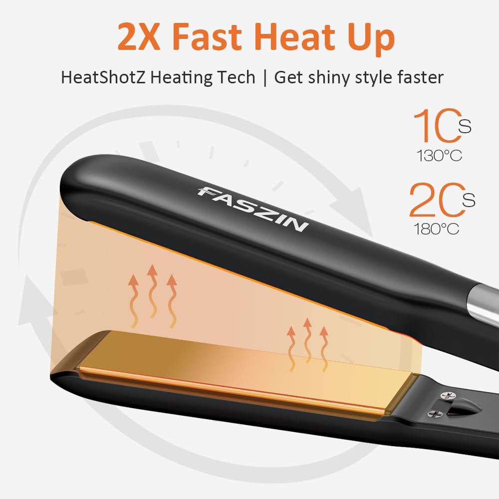 Faszin straightener heats to 360℉ in 20 seconds for quick styling sessions.