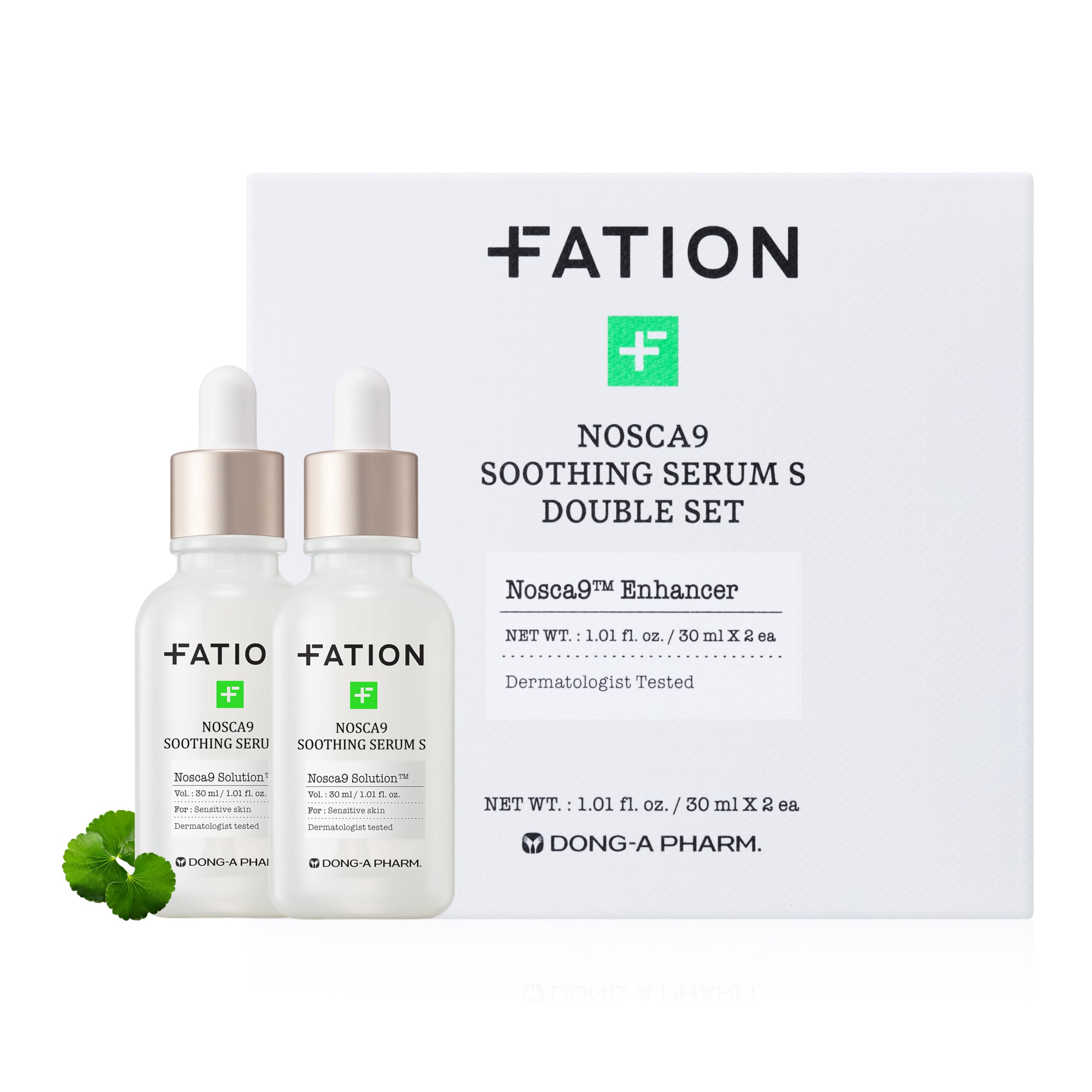 Fation NOSCA9 serum bottle closeup highlighting calming hydration for sensitive skin.