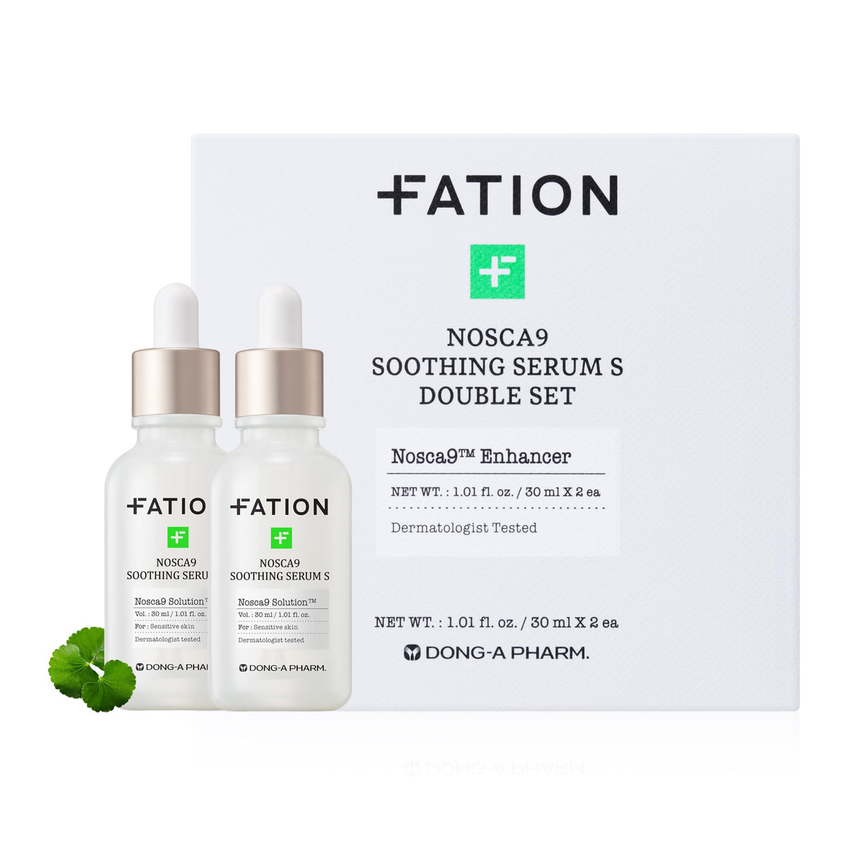 Fation NOSCA9 serum bottle closeup highlighting calming hydration for sensitive skin.