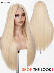 FAVE blonde wig with matte finish avoids shine for camera-ready color in photos.